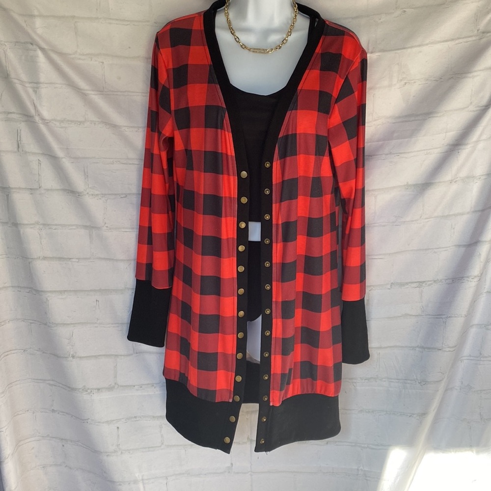 Buffalo Red and black long checkered cardigan with brass buttons size M